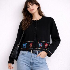 Vintage 90s Embroidered Cropped Cardigan Southwestern Folk Art Button Up Small